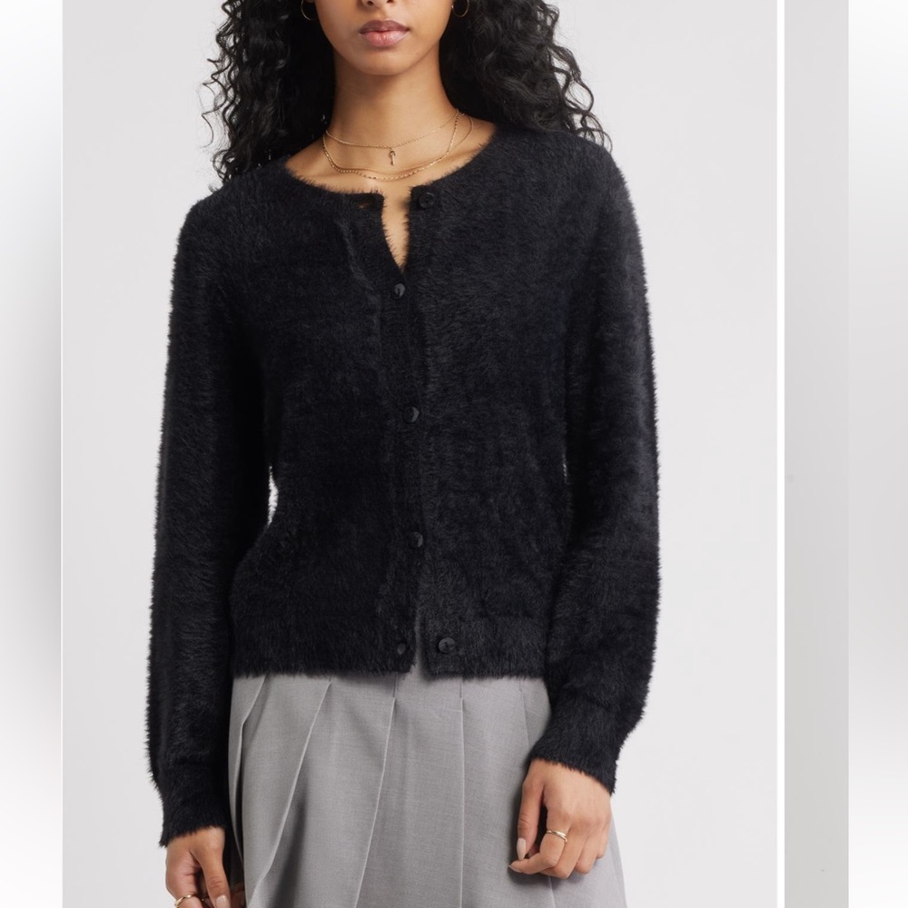 BP Women's Black Fuzzy Scoop Neck Cardigan Sweater